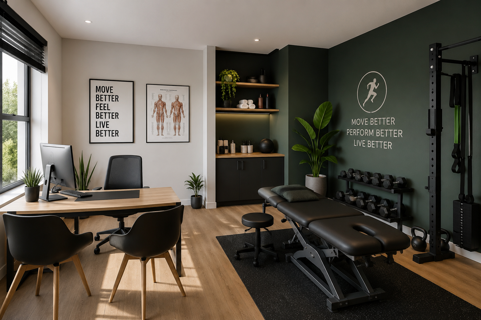 VC Biokinetics treatment room with a plinth, natural light and clinic equipment